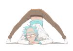  1boy arched_back arm_rest flexible full_body hands_on_ground highres jack-o&#039;_challenge labcoat legs_apart looking_at_viewer meme messy_hair pose rick_and_morty rick_sanchez short_hair simple_background solo spiked_hair spread_legs stretching top-down_bottom-up white_background white_hair wide_spread_legs 