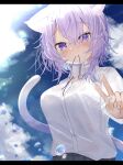  1girl absurdres animal_ears blue_hair blush breasts cat_ears cat_girl cat_tail collarbone hair_between_eyes highres hololive long_sleeves medium_breasts medium_hair mouth_hold neck_ribbon_removed nekomata_okayu purple_eyes purple_hair purple_ribbon reine_(reineko6) ribbon see-through shirt sky solo tail upper_body v virtual_youtuber water_drop white_shirt 