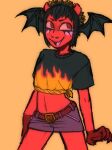 absurd_res black_hair bottomwear clothed clothing colored_sketch crop_top demon demon_humanoid diavlo_(moshi_monsters) dreamscreep eyelashes female fully_clothed gloves_(marking) hair head_wings hi_res highlights_(coloring) horn humanoid markings membrane_(anatomy) membranous_wings not_furry red_body red_eyes red_skin shirt sketch skirt smile solo topwear wings 