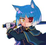  1girl animal_ear_fluff animal_ears asagi_(bombergirl) bangs blood blood_on_clothes blood_on_face blue_hair bombergirl buttons cape colored_inner_hair gloves highres holding holding_sword holding_weapon katana long_sleeves looking_at_viewer multicolored_hair one_eye_closed orange_hair sasaki_rindou short_hair simple_background smile solo sword turtleneck upper_body weapon white_background white_gloves white_hair wolf_ears wolf_girl yellow_eyes 