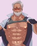  1boy abs bara beard blush clothes_lift covered_nipples drayden_(pokemon) facial_hair feet_out_of_frame fingerless_gloves gloves hairy jacket large_pectorals looking_to_the_side male_focus manboobs manly mature_male muscular muscular_male navel navel_hair nipple_piercing nipples open_clothes open_jacket orange_eyes pectorals piercing pink_background pokemon pokemon_(game) pokemon_bw rybiok shirt_lift short_hair simple_background solo spiked_hair tank_top underpec upper_body white_hair 