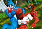  3d_(artwork) anal anal_penetration anthro balls bandai_namco blue_body blue_skin claws digimon digimon_(species) digital_media_(artwork) dragon duo erection exveemon genitals guilmon male male/male male_penetrated male_penetrating male_penetrating_male malicekira mmd muscular muscular_male nude open_mouth penetration penis scalie sex 