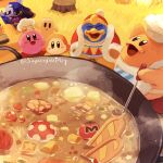  apron cappy_(kirby) chef_hat chef_kawasaki food grass hat highres king_dedede kirby kirby_(series) ladel meta_knight open_mouth signature smile soup suyasuyabi sweatdrop tree_stump waddle_dee 