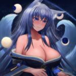  1girl absurdres animal_ear_fluff animal_ears aricsphere1 artist_name azur_lane bare_shoulders blush breasts cleavage fox_ears fox_girl fox_tail gold_trim highres huge_breasts japanese_clothes kimono kitsune kyuubi large_tail long_hair moon_phases multiple_tails purple_eyes purple_hair shinano_(azur_lane) solo tail upper_body very_long_hair white_tail 