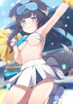  1girl absurdres animal_ears arm_up armpits bangs bare_shoulders black_hair blue_archive blue_eyes blurry blurry_background blush breasts cheerleader commentary_request day dog_ears dog_girl dog_tail goggles goggles_on_head halo hibiki_(blue_archive) hibiki_(cheerleader)_(blue_archive) highres holding long_hair looking_at_viewer navel okota_mikan outdoors parted_lips pleated_skirt pom_pom_(cheerleading) skirt small_breasts solo standing standing_on_one_leg tail underboob wavy_mouth white_footwear white_skirt 