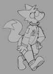  anthro astronaut canid canine cute_fangs fox looking_back male mammal monochrome simple_background smile solo spacesuit squishy_(artist) tobi_(squishy) walking 