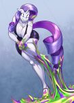  2022 anthro big_breasts blue_eyes breasts cleavage clenched_teeth clothed clothing dress ears_down equid equine eyebrows female footwear friendship_is_magic glistening glistening_body glistening_breasts hair hasbro hi_res high_heels horn long_hair looking_down mammal my_little_pony pivoted_ears purple_hair rarity_(mlp) slime solo sticky stuck teeth toughset unicorn uniform 