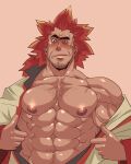  1boy abs alder_(pokemon) bara beard biceps black_eyes blush coat covered_nipples facial_hair feet_out_of_frame hairy large_pectorals long_hair male_focus manboobs manly mature_male muscular muscular_male navel navel_hair nipples pectorals pokemon pokemon_(game) pokemon_bw red_background red_hair rybiok simple_background solo spiked_hair sweat sweatdrop thick_arms thick_eyebrows upper_body 