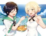  1boy 1girl bare_shoulders black_hair blonde_hair blue_hair braid breasts closed_eyes dress feeding food genshin_impact gradient_hair green_pants hair_between_eyes lumine_(genshin_impact) medium_breasts medium_hair midriff multicolored_hair navel neckerchief open_mouth pants shared_food shirt short_sleeves stomach twin_braids venti_(genshin_impact) white_dress white_shirt yellow_eyes yomogi_tanuki 