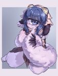  1_eye absurd_res bangs blue_eyes blue_hair blush brown_clothing brown_dress cape clothing cyclops dress female fluffy fluffy_tail fur hair headgear headwear hi_res humanoid looking_at_viewer made_in_abyss narehate pakkoyan pink_body pink_fur sitting solo unknown_artist wariza 