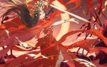  1girl absurdres artist_request black_hair blood blood_on_face cai_lin_(doupo_cangqiong) cape doupo_cangqiong dress embers expressionless fire hair_ornament highres holding holding_sword holding_weapon long_hair pointy_ears pose red_dress red_eyes red_nails second-party_source shiny shiny_hair solo sword upper_body weapon 