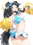  1girl animal_ears arm_up bare_arms bare_shoulders black_hair blue_archive blue_eyes breasts cheerleader cleavage collared_shirt cowboy_shot crop_top dog_ears dog_girl dog_tail gnai halo hand_up hibiki_(blue_archive) hibiki_(cheerleader)_(blue_archive) highres holding long_hair looking_at_viewer medium_breasts midriff miniskirt navel open_mouth panties pleated_skirt pom_pom_(cheerleading) shirt skirt sleeveless sleeveless_shirt solo stomach tail thighs underwear white_panties white_shirt white_skirt 