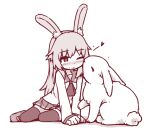  1girl animal_ears arm_support blush greyscale heart kiss kissing_cheek long_hair monochrome on_ground one_eye_closed original qswan rabbit rabbit_ears rabbit_girl school_uniform serafuku sitting smile thighhighs white_background zettai_ryouiki 