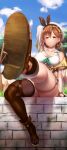  1girl :3 absurdres arm_behind_head ass atelier_(series) atelier_ryza atelier_ryza_2 breasts brick_wall brown_eyes brown_footwear brown_hair cleavage cloud cloudy_sky collarbone feet foot_focus foot_up foreshortening full_body highres jacket large_breasts leg_up looking_at_viewer off_shoulder outdoors presenting_foot reisalin_stout revision sandals shirt short_hair short_shorts shorts single_thighhigh sitting sky sleeveless sleeveless_jacket sleeveless_shirt smile solo thick_thighs thigh_strap thighhighs thighs toenails toes tree white_headwear white_shirt yellow_jacket yui_hiroshi 