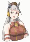  1girl animal_ears bare_shoulders blue_bow bow bowtie breasts dress ear_bow gold_ship_(umamusume) grey_hair highres horse_ears horse_girl long_hair looking_at_viewer medium_breasts open_mouth pillbox_hat red_bow red_bowtie red_dress red_eyes ryne_25 simple_background sleeveless solo umamusume underwear very_long_hair white_background 