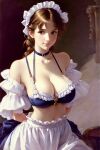  1girl ai-generated apron bare_shoulders bonnet braid braided_ponytail breasts brown_eyes brown_hair choker cleavage closed_mouth collarbone large_breasts light_smile looking_at_viewer navel original realistic setawar simple_background solo underwear waist_apron 