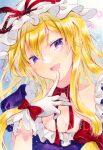  1girl alto2019 blonde_hair breasts cleavage dress gloves hair_between_eyes hat hat_ribbon long_hair open_mouth purple_dress purple_eyes red_ribbon ribbon sample_watermark short_sleeves smile solo touhou upper_body watermark white_gloves white_headwear yakumo_yukari 