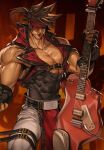  1boy abs bara belt biceps brown_hair feet_out_of_frame fingerless_gloves gloves guilty_gear guitar headband instrument jacket large_pectorals leather leather_belt leather_jacket loincloth long_hair male_focus manly mature_male muscular muscular_male na_insoo orange_eyes pants pectorals ponytail sol_badguy solo spiked_hair thick_arms thick_thighs thighs tight veins veiny_arms 