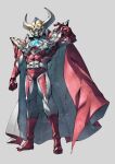  1boy abs alien belt belt_buckle buckle cape clenched_hand clenched_hands fighting_stance giant gloves highres horns long_horns male_focus manly mature_male muscular muscular_male open_hand paintedmike pose red_cape red_gloves solo tokusatsu ultra_father ultra_series ultraman_ace_(series) 