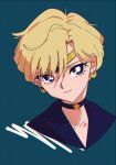  1990s_(style) 1girl absurdres bangs bishoujo_senshi_sailor_moon blonde_hair blue_background blue_eyes choker crescent earrings head_tilt highres jewelry looking_at_viewer nzeneee parted_bangs retro_artstyle sailor_uranus short_hair simple_background smile solo solo_focus 