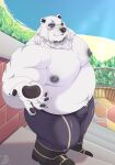  2022 55mango absurd_res anthro belly big_belly big_moobs borealis_(live-a-hero) bottomwear clothing detailed_background eyewear glasses hi_res humanoid_hands kemono lifewonders live-a-hero male mammal moobs navel nipples outside overweight overweight_male pants polar_bear solo ursid ursine video_games white_body 