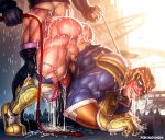  2boys abs ahegao anal armor artist_name ass bara biceps blush boots building captain_falcon cum cum_in_mouth cum_on_body f-zero fingerless_gloves gauntlets gloves helmet highres holding holding_whip huge_ass male_focus manly mature_male multiple_boys muscular muscular_male outdoors panties penis rokudenashi_(roku6enashi) shoulder_armor shoulder_pads signature sunlight thick_arms thick_thighs thighs tongue tongue_out torn_clothes underwear whip 