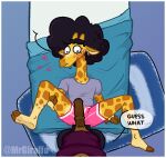  &lt;3 afro animal_genitalia animal_penis anthro bed bedroom black_hair blush border clothed clothing detailed_background dialogue duo equine_penis feet fingers first_person_view floppyears furniture genitals giraffe giraffid giraffo_(mrgiraffo) girly hair hand_on_leg hand_on_thigh hooved_fingers hooves horn imminent_anal imminent_sex looking_at_genitalia looking_at_penis male male/male mammal mrgiraffo ossicone penis piercing pink_clothing poking_out rug spots spotted_body surprise white_border yellow_body 