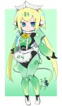  1girl android apron blonde_hair blue_pupils blush_stickers bombergirl bow bowtie breasts closed_mouth electricity emera_(bombergirl) frilled_apron frills frown full_body green_eyes headdress highres knees_together_feet_apart long_hair looking_at_viewer maid_apron medium_breasts robot_ears sasaki_rindou solo split_mouth standing tail twintails very_long_hair waist_apron white_apron yellow_bow yellow_bowtie 