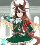  1girl animal_ears artist_name ascot black_thighhighs brown_hair buttons cape closed_mouth double-breasted epaulettes frilled_skirt frills green_jacket hand_on_hip highres horse_ears horse_girl horse_tail jacket lightning long_hair long_sleeves looking_at_viewer medal military military_uniform multicolored_hair purple_eyes red_cape single_epaulette skirt solo streaked_hair symboli_rudolf_(umamusume) tail thighhighs tokiwa_png umamusume uniform very_long_hair white_ascot 