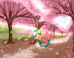  2022 absurd_res anthro cherry_blossom day detailed_background digital_media_(artwork) grass green_body hi_res light lighting louart outside plant shaded smile solo 