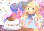  1girl balloon bare_shoulders blonde_hair blue_hair blue_shirt blurry blurry_background blush cake closed_mouth commentary_request commission confetti depth_of_field drill_hair food green_eyes hands_up happy_birthday indie_virtual_youtuber jacket kou_hiyoyo long_hair long_sleeves looking_at_viewer multicolored_hair off_shoulder open_clothes open_jacket pink_jacket polka_dot polka_dot_shirt puffy_long_sleeves puffy_sleeves shirt skeb_commission sleeveless sleeveless_shirt smile solo streaked_hair twin_drills very_long_hair virtual_youtuber wingberry 