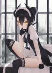 1girl absurdres age_regression aged_down agent_(girls&#039;_frontline) bangs black_dress black_gloves black_hair black_thighhighs blush breasts closed_mouth double_bun dress finger_to_mouth foot_out_of_frame garter_straps girls&#039;_frontline gloves hair_bun highres looking_at_viewer maid maid_headdress medium_breasts medium_hair orange_eyes sangvis_ferri scenery sitting solo thighhighs thighs thomas_8000 two-tone_dress window 