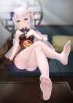  1girl absurdres bangs bare_shoulders blue_eyes blue_flower blurry blurry_background chinese_clothes closed_mouth couch crossed_legs cushion flower full_body hair_flower hair_ornament highres honkai_(series) honkai_impact_3rd indoors long_hair looking_at_viewer no_shoes pantyhose sitting soles solo theresa_apocalypse theresa_apocalypse_(starlit_astrologos) toes white_flower white_hair white_pantyhose window xiaomu314 zhuge_kongming_(honkai_impact) 