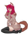  abigail_(viridiansun) absurd_res anthro blush bottomwear breasts clothed clothing digital_media_(artwork) domestic_cat feet felid feline felis female footwear fur hair hi_res kurosuwi legwear looking_at_viewer mammal red_hair shaded simple_background smile socks solo squish sweater thigh_highs thigh_squish tongue tongue_out topwear white_background 