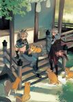  2boys absurdres animal animal_ears animal_on_shoulder aqua_eyes armor bandaged_hand bandages bangs black_gloves brown_hair c3t_gg cat cat_on_shoulder closed_mouth commentary dog dog_boy dog_ears dog_tail genshin_impact gloves gorou_(genshin_impact) grey_hair hair_ornament highres japanese_armor japanese_clothes kaedehara_kazuha leaf_print multicolored_hair multiple_boys open_mouth ponytail red_eyes red_hair shiba_inu sitting stairs streaked_hair symbol-only_commentary tail 