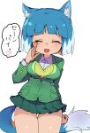  1girl :d ^_^ animal_ear_fluff animal_ears arm_behind_back asagi_(bombergirl) bangs blue_hair blue_tail blunt_bangs bombergirl breasts closed_eyes collared_shirt colored_inner_hair fang green_jacket green_skirt hand_up heart highres jacket legs_together long_sleeves medium_breasts miniskirt multicolored_hair multicolored_tail open_mouth orange_hair orange_tail pleated_skirt sasaki_rindou shirt short_hair simple_background skirt smile solo speech_bubble sweater_vest tail thigh_gap thighs white_background white_hair white_shirt white_tail wolf_ears wolf_girl wolf_tail 