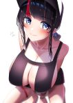  1girl absurdres bare_shoulders baseball_cap between_legs bikini black_bikini black_hair blue_eyes blurry blush breasts cleavage closed_mouth collarbone depth_of_field fate/grand_order fate_(series) from_above hand_between_legs hat highres huge_breasts lee-taro looking_to_the_side multicolored_hair sidelocks signature simple_background sitting smile solo streaked_hair swimsuit thigh_strap utsumi_erice utsumi_erice_(swimsuit_avenger) v_arms white_background 