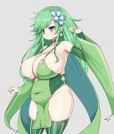  1girl aged_up blush breasts cape cleavage closed_mouth detached_sleeves earrings final_fantasy final_fantasy_iv green_eyes green_hair hair_ornament highres huge_breasts jewelry long_hair rydia_(ff4) sawati simple_background smile solo thighhighs 