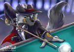  absurd_res android anthro billiards black_sclera canid canine canis clothed clothing fluffy fluffy_tail fox gun hat headgear headwear hi_res kyle_(viridiansun) littlebadwolf machine male mammal poker_cards ranged_weapon robot shaded signature smile solo text url weapon 