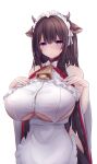  1girl absurdres animal_ears azur_lane bangs bare_shoulders blush breasts brown_hair embarrassed hair_ornament hands_on_own_chest highres huge_breasts kashino_(azur_lane) kashino_(maid_for_mayhem)_(azur_lane) long_hair looking_at_viewer purple_eyes solo standing white_background yuuki_shuri 