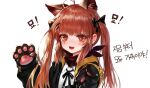  1girl :3 :d animal_ear_fluff animal_ears animal_hands black_bow black_gloves black_jacket black_ribbon bow brown_hair collared_shirt dokomon dress_shirt fang girls&#039;_frontline gloves hair_bow hair_ornament hairclip hands_up highres jacket kemonomimi_mode korean_text long_hair long_sleeves looking_at_viewer neck_ribbon open_clothes open_jacket paw_gloves puffy_long_sleeves puffy_sleeves red_eyes ribbon scar scar_across_eye shirt simple_background smile solo translation_request twintails ump9_(girls&#039;_frontline) upper_body white_background white_shirt 