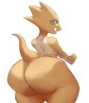  alphys anthro big_butt bodily_fluids bottomless buckteeth butt clothed clothing eyewear female glasses green_eyes hi_res huge_butt huge_hips huge_thighs lizard looking_at_viewer looking_back open_mouth reptile scalie shirt solo sweat teeth thick_thighs topwear undergroundj undertale undertale_(series) video_games wide_hips 