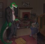  5_fingers alligator alligatorid anthro bottle box briefcase business_suit claws clothed clothing container cregon crocodile crocodilian crocodylid fingers fireplace footwear fully_clothed fully_clothed_anthro fully_clothed_male green_body hi_res holding_object male multicolored_body necktie reptile scalie shoes solo stairs suit tan_clothing tan_footwear tan_shoes television trash trash_can tres-art two_tone_body white_body 