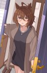  1girl absurdres agnes_tachyon_(umamusume) ahoge alternate_costume animal_ears bespectacled blush breasts brown_hair door glasses hair_between_eyes hair_strand highres horse_ears horse_girl large_breasts long_shirt long_sleeves looking_at_viewer nagaburo_imoni open_door opening_door red_eyes round_eyewear shirt shoes short_hair solo t-shirt thighs umamusume 