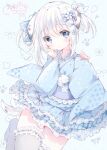  1girl animal_ears blue_eyes blue_theme bow colored_skin dress floral_background floral_print flower frilled_dress frills hair_bow hair_flower hair_ornament hair_rings highres japanese_clothes kimono lace_trim long_hair long_sleeves moco_ofuton original pale_color pale_skin paw_print polka_dot polka_dot_background ribbon signature star_(symbol) star_print tail thighhighs thighs white_hair white_skin wide_sleeves 