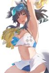  1girl animal_ears arm_up armpits bangs bare_shoulders blue_archive blush breasts cheerleader cleavage dog_ears dog_girl dog_tail eyewear_on_head goggles goggles_on_head halo hibiki_(blue_archive) hibiki_(cheerleader)_(blue_archive) highres holding holding_pom_poms kurowa large_breasts long_hair looking_at_viewer navel open_mouth pom_pom_(cheerleading) solo sticker_on_arm sticker_on_face tail 