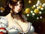  1girl ai-generated bare_shoulders blush braid breasts brown_hair choker cleavage closed_mouth collarbone dress flower frilled_dress frilled_sleeves frills green_eyes huge_breasts large_breasts original realistic red_choker setawar solo 