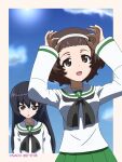  2girls :o adjusting_hair_ornament akiyama_yukari artist_name bangs black_hair black_neckerchief blouse blue_sky brown_eyes brown_hair cloud cloudy_sky dated day girls_und_panzer green_skirt hairband headwear_removed highres long_hair long_sleeves looking_at_another messy_hair multiple_girls naotosi neckerchief ooarai_school_uniform open_mouth outdoors outside_border pleated_skirt reizei_mako sailor_collar school_uniform serafuku shirt short_hair skirt sky smile white_hairband white_sailor_collar white_shirt 