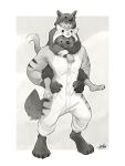  3:4 anthro canid canine carrying clothing duo felid feline hi_res jaykat male male/male mammal monochrome pajamas piggyback simple_background 