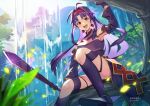  1girl absurdres ahoge armor armpits blurry blush breastplate depth_of_field detached_sleeves hair_intakes hairband highres in_tree light_blush long_hair looking_at_viewer obsidian_slasher petals purple_hair purple_skirt purple_thighhighs red_eyes red_hairband single_thighhigh sitting sitting_in_tree skirt smile solo sword sword_art_online thighhighs tree twitter_username very_long_hair water waterfall weapon yappo_(point71) yuuki_(sao) 
